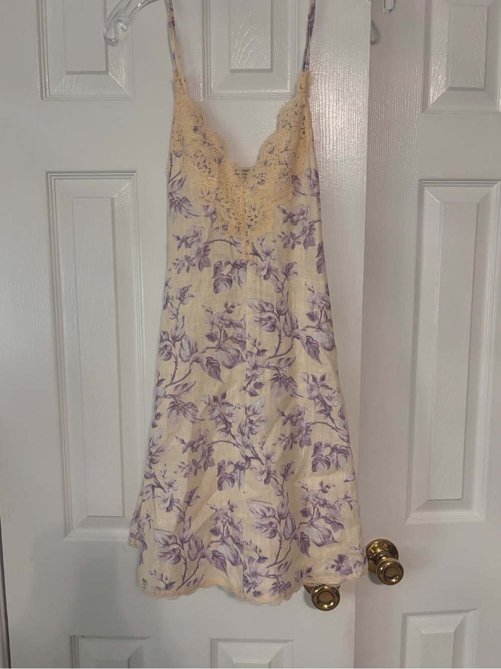 Zimmerman linen Lace-Trim Floral Slip Dress in Cream and Lavender size 1